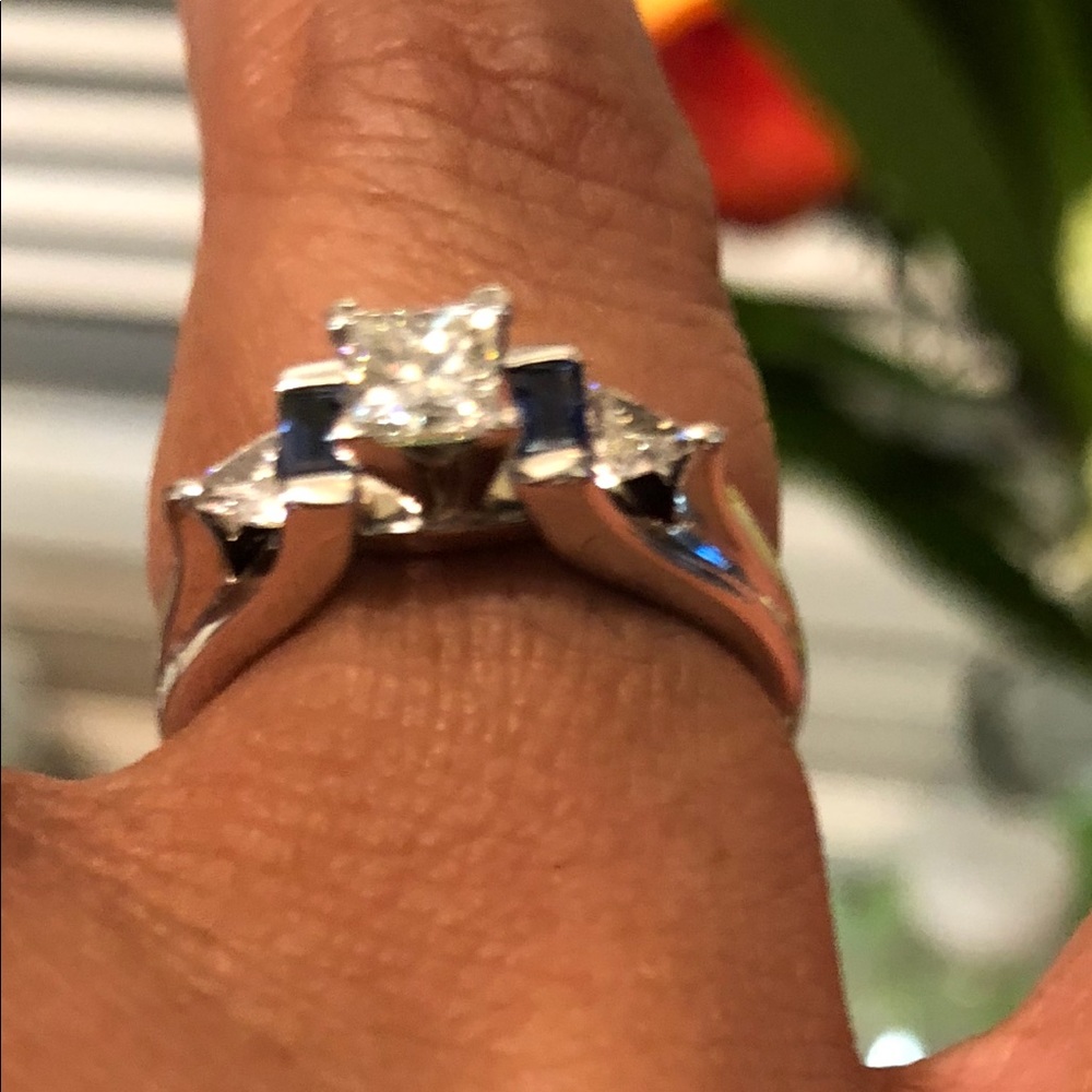 Modern Real diamond & sapphire ring 14k White gold